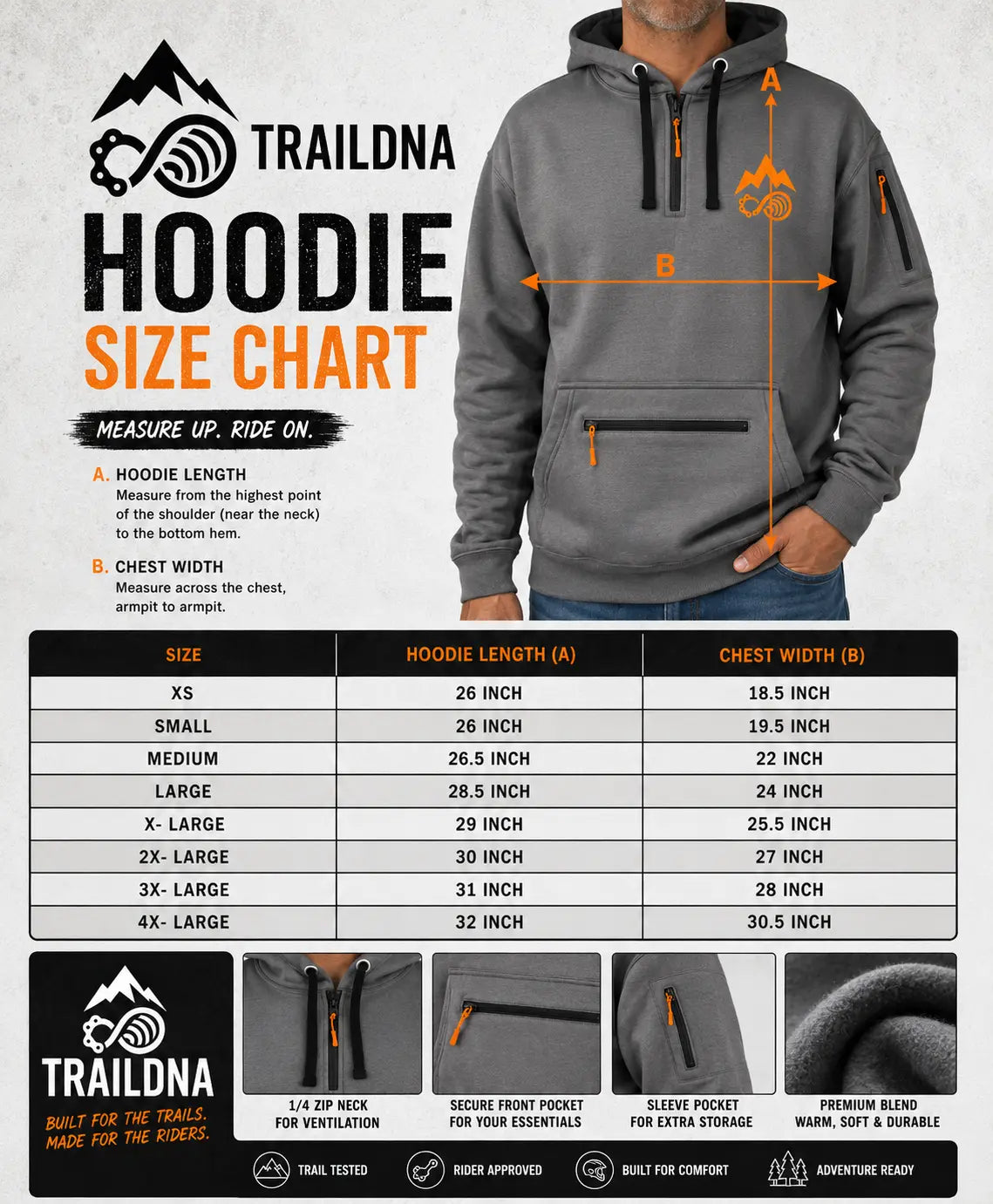 TrailDNA Trail Hoodie size chart showing garment measurements from XS to 4XL