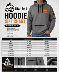 TrailDNA Trail Hoodie size chart showing garment measurements from XS to 4XL
