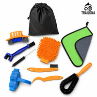 TrailDNA 10-piece mountain bike cleaning kit with brushes, cloth and storage bag